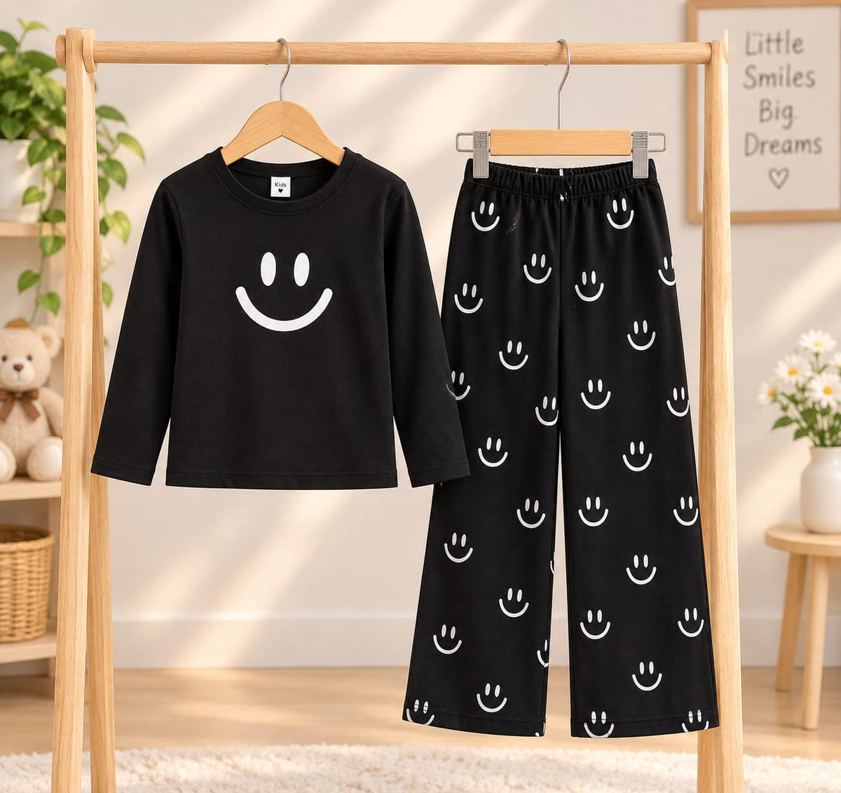 Black Smiley Printed Kids Cozy Cotton Jersey Kids Wear
