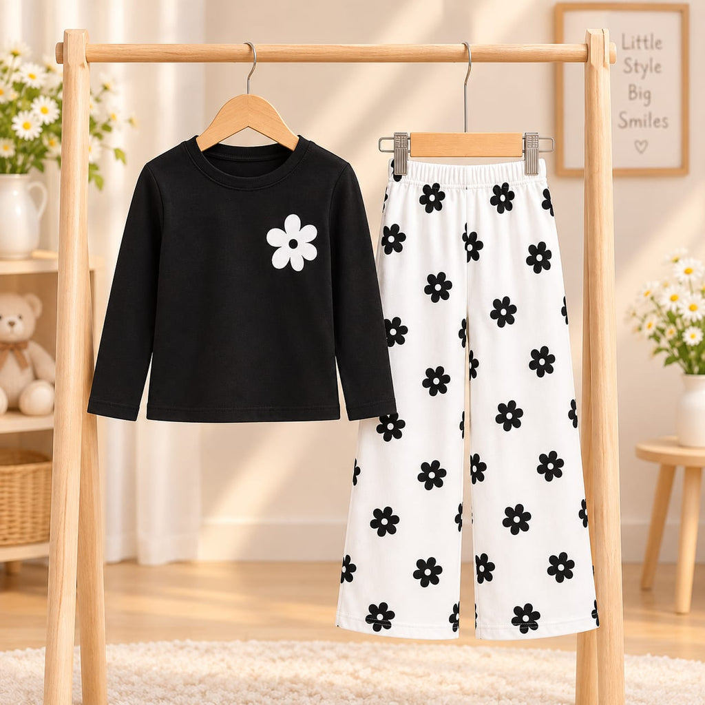 Black Flowers Printed Kids Cozy Cotton Jersey Kids Wear