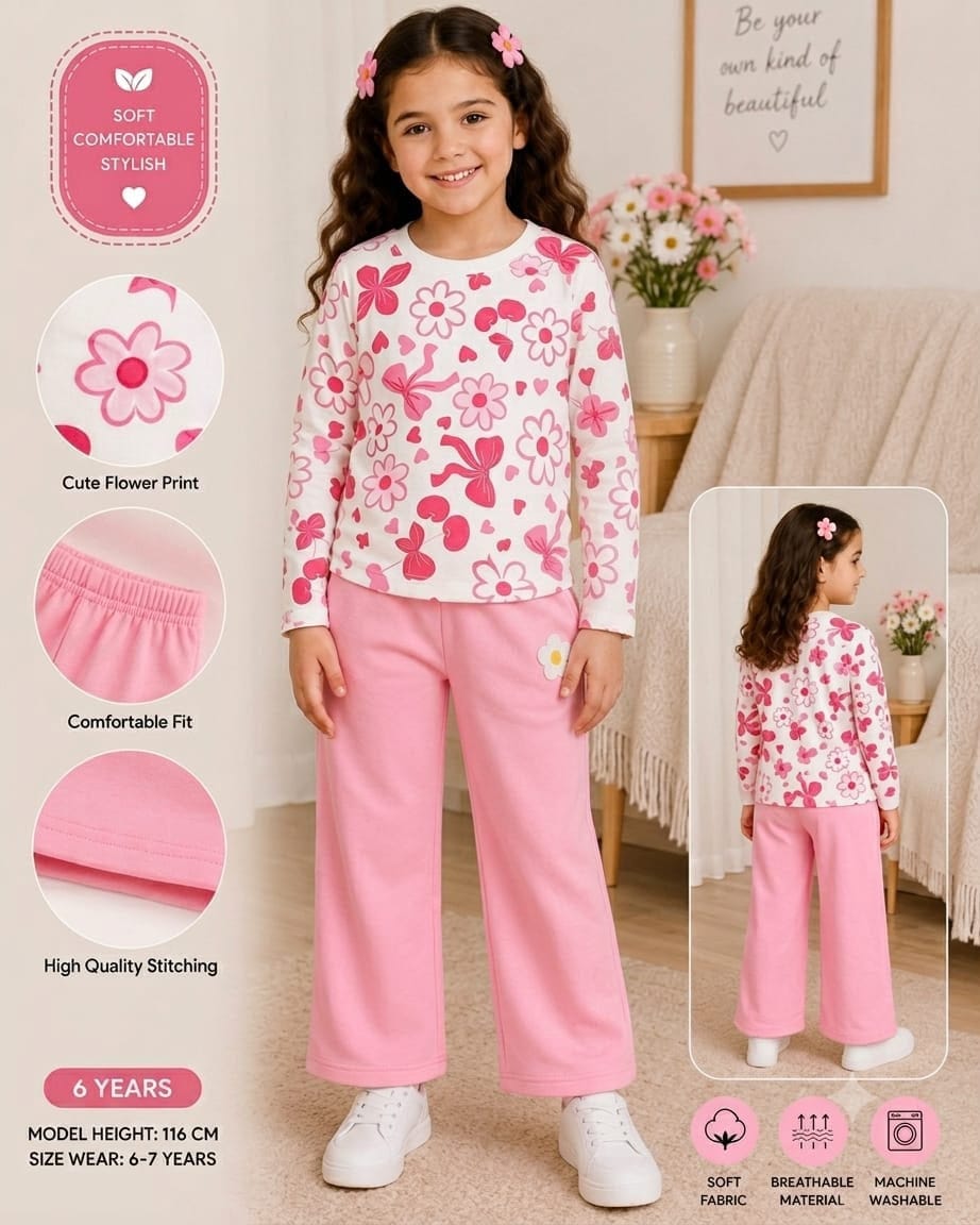 Pinkish Pookie Flowers Printed Kids Cozy Cotton Jersey Kids Wear