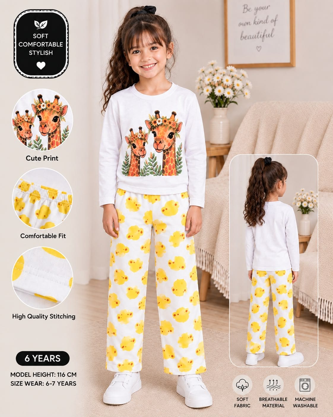 White Cute Printed Kids Cozy Cotton Jersey Kids Wear