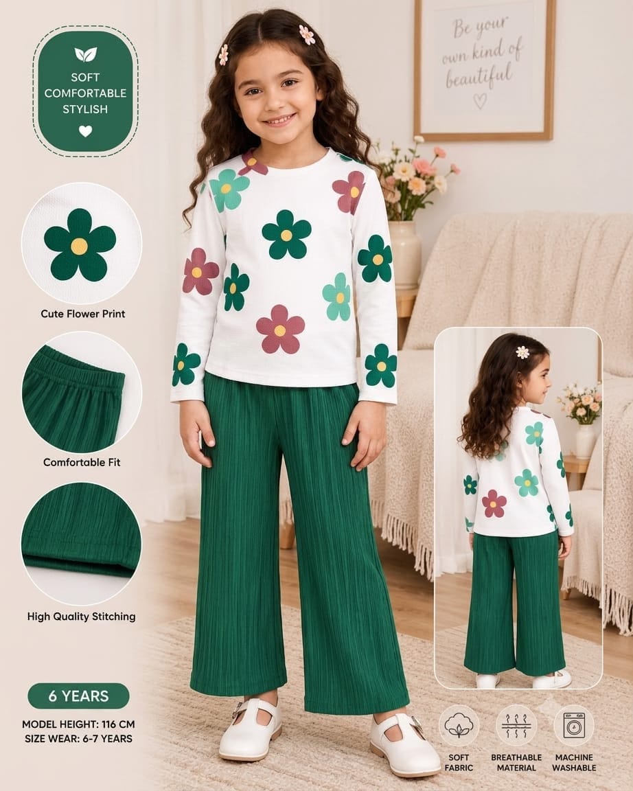 Green Flowers Printed Kids Cozy Cotton Jersey Kids Wear