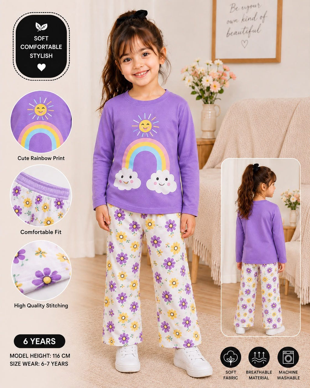 Purple Rambow Printed Kids Cozy Cotton Jersey Kids Wear