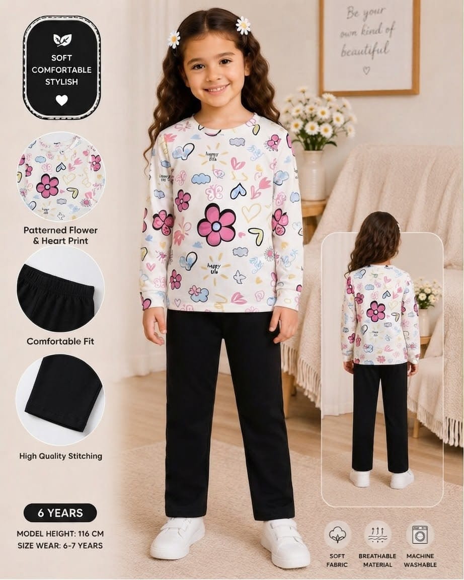 White Black Flowers Printed Kids Cozy Cotton Jersey Kids Wear