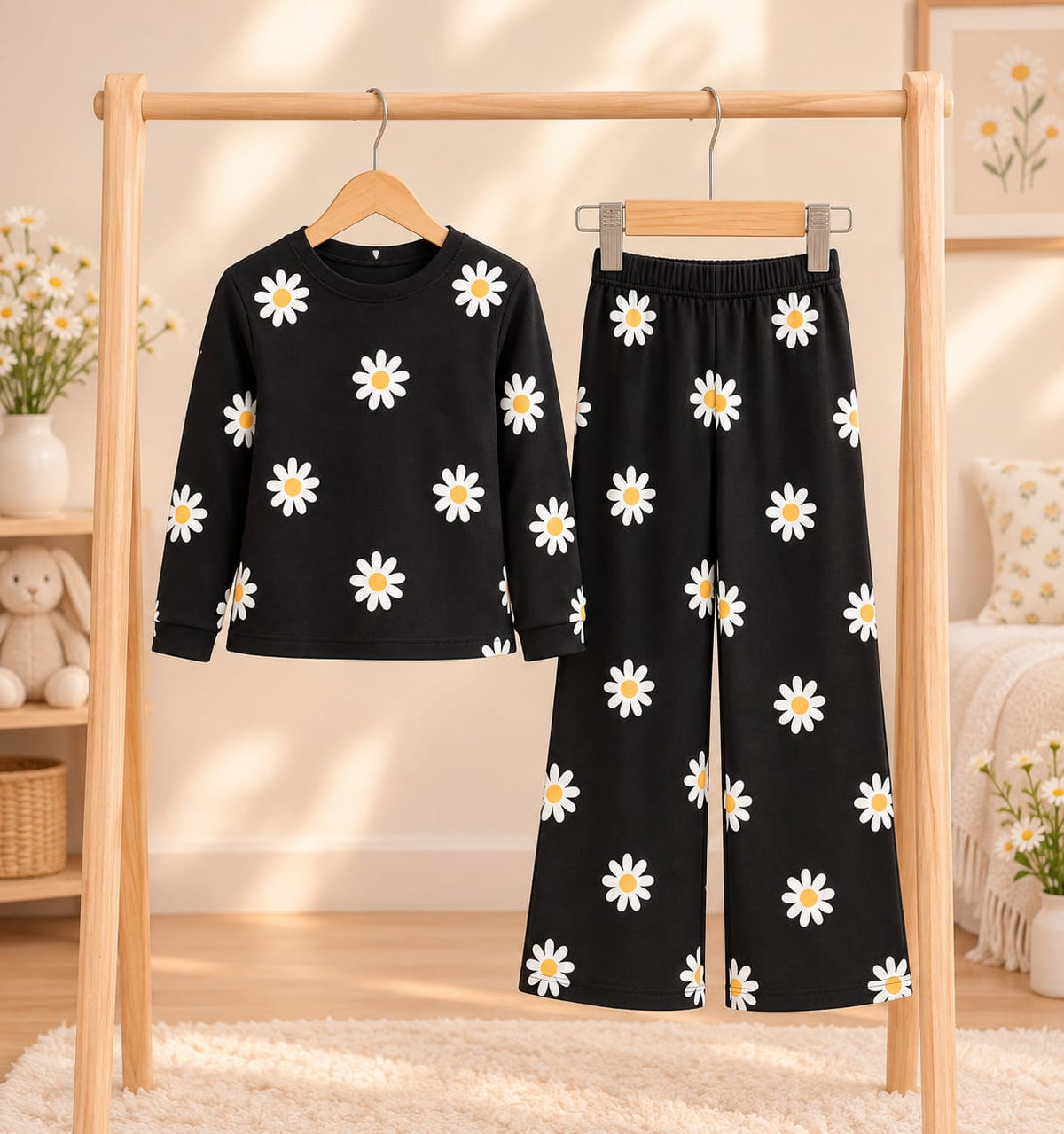 Black Flowers Kids Cozy Cotton Jersey Kids Wear
