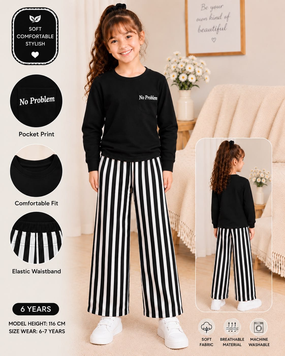 Black No Problem Printed Kids Cozy Cotton Jersey Kids Wear