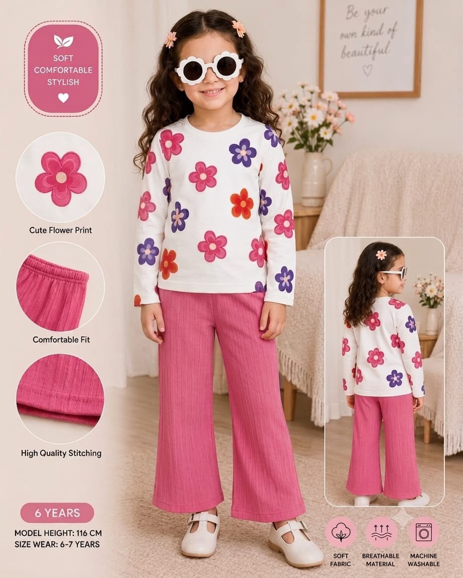 White Pink Flowers Printed Kids Cozy Cotton Jersey Kids Wear