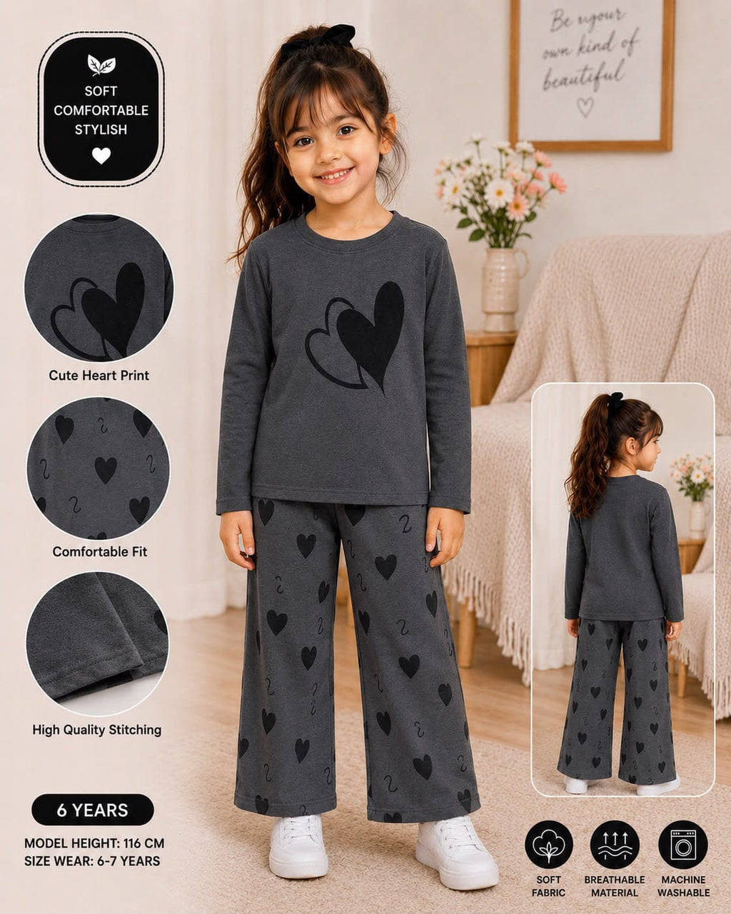 Grey Dual Heart Kids Cozy Cotton Jersey Kids Wear