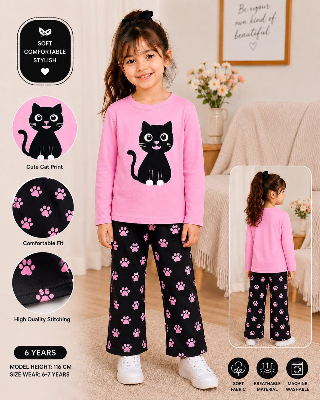 Pink Cat Printed Kids Cozy Cotton Jersey Kids Wear