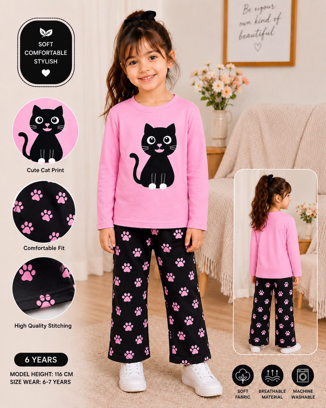 Pink Cat Printed Kids Cozy Cotton Jersey Kids Wear