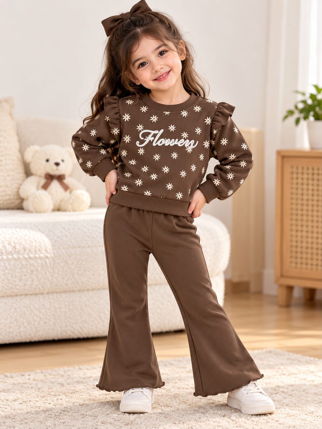 Brown Flower Printed Winter Track Suit For Kids