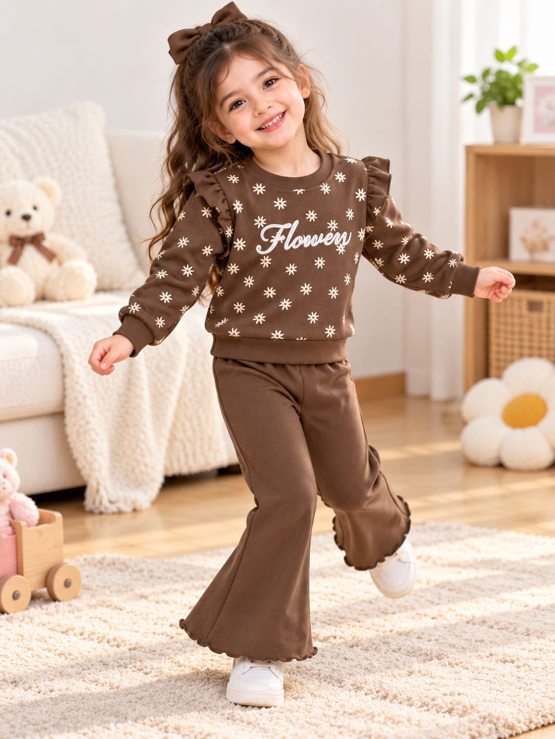 Brown Flower Printed Winter Track Suit For Kids