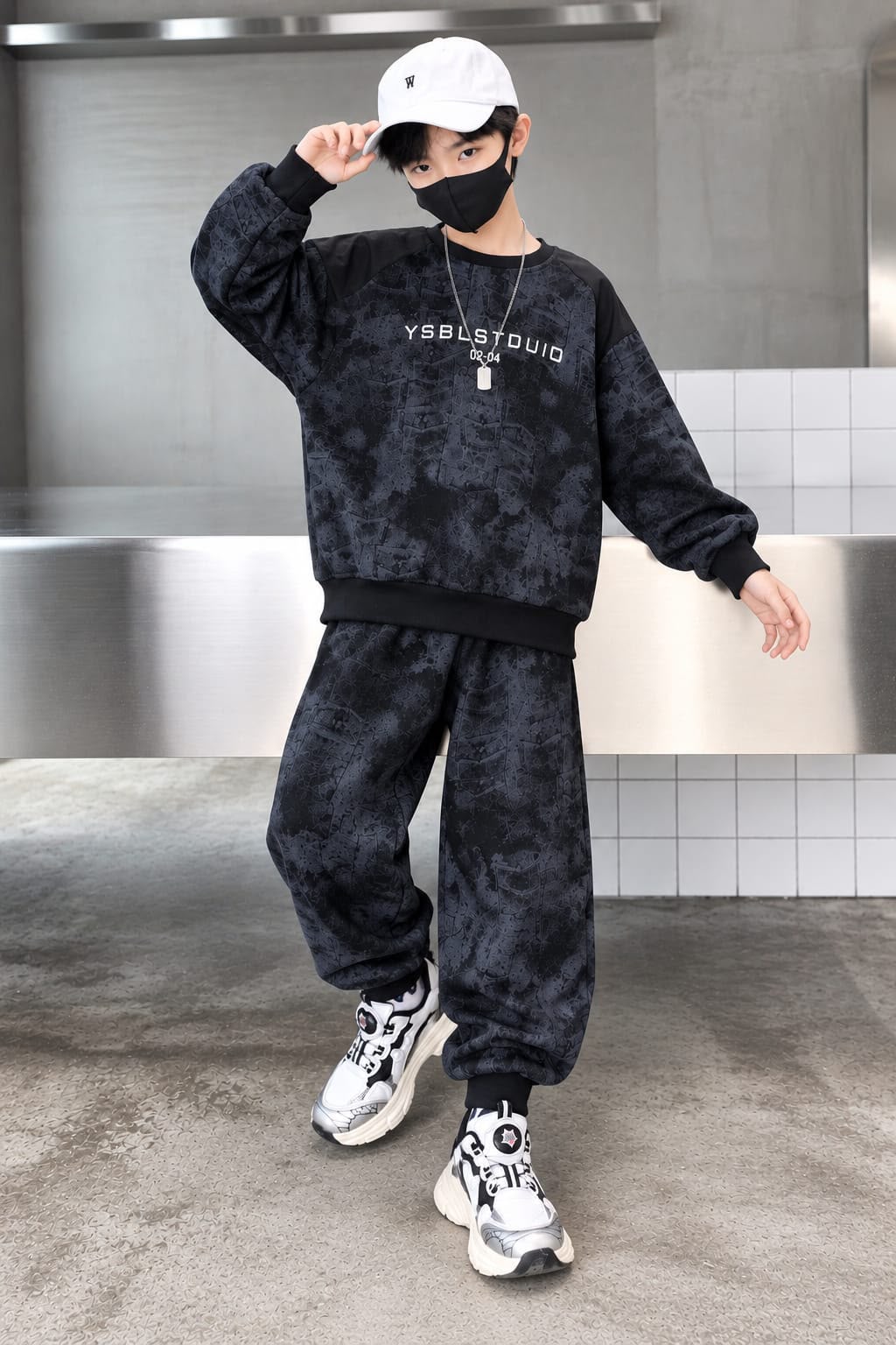 Black Waxy Baggy Printed Winter Track Suit For Kids