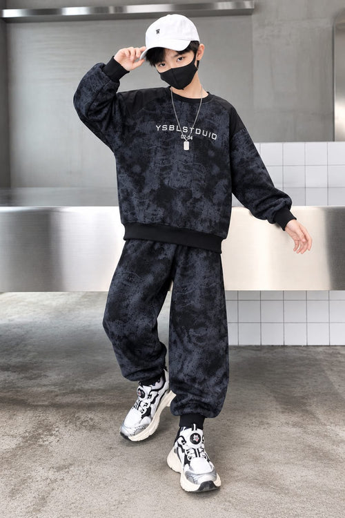 Black Waxy Baggy Printed Winter Track Suit For Kids