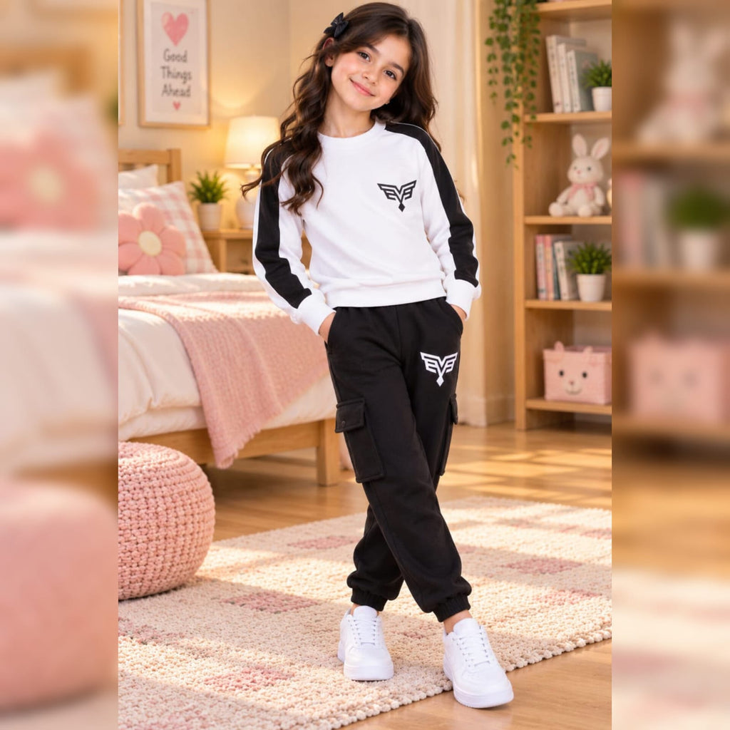 White & Black Style Printed Winter Track Suit For Kids