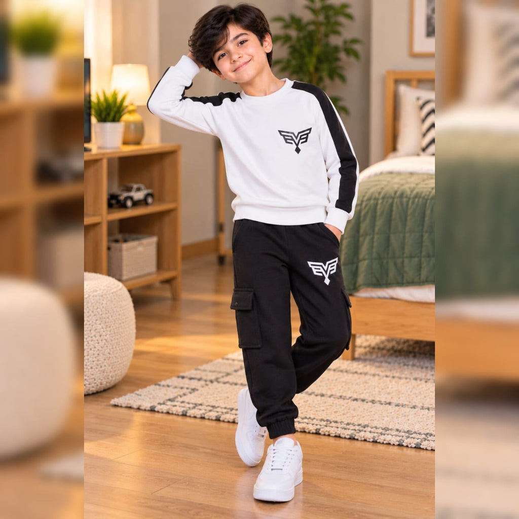 White & Black Style Printed Winter Track Suit For Kids