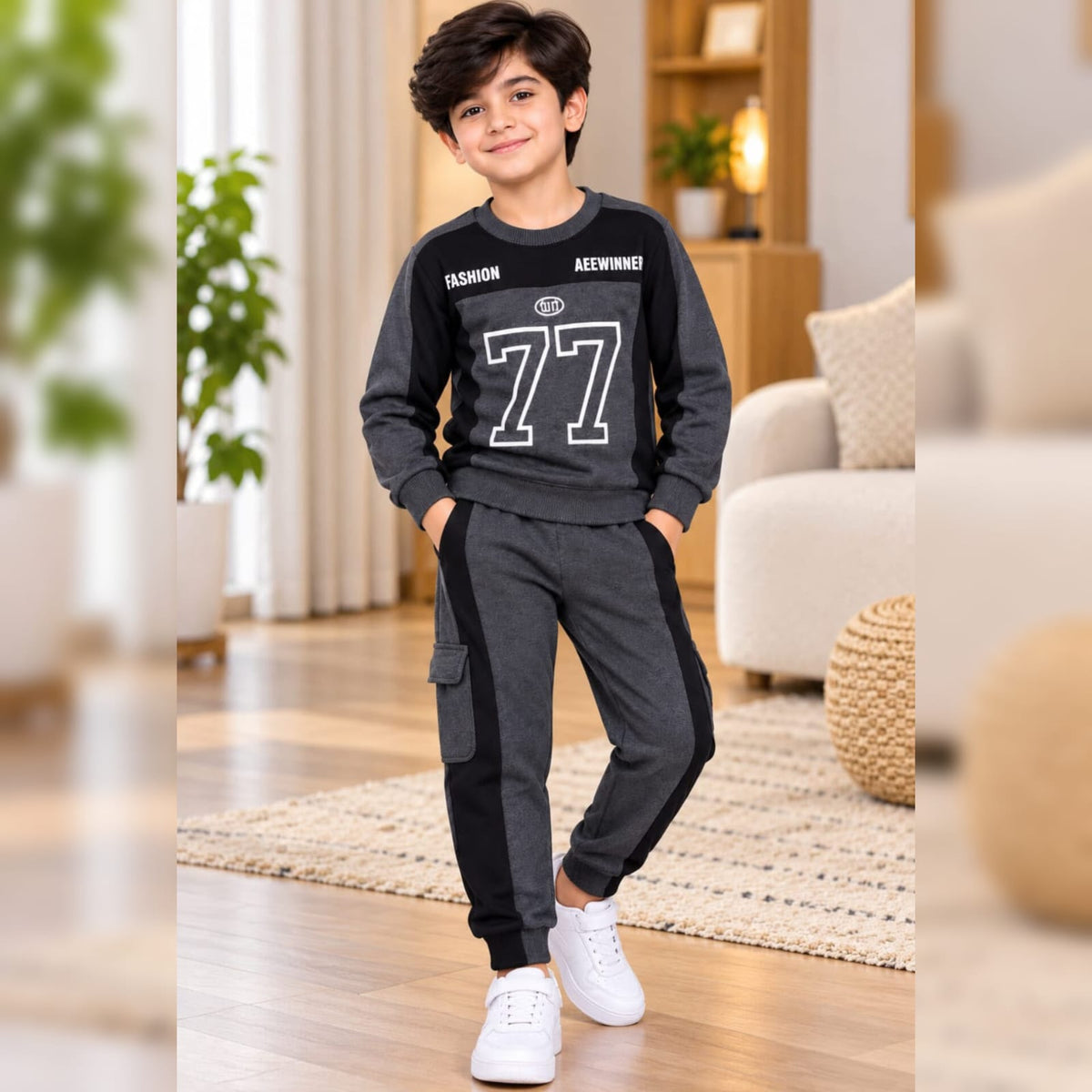 Grey 77 Style Printed Winter Track Suit For Kids