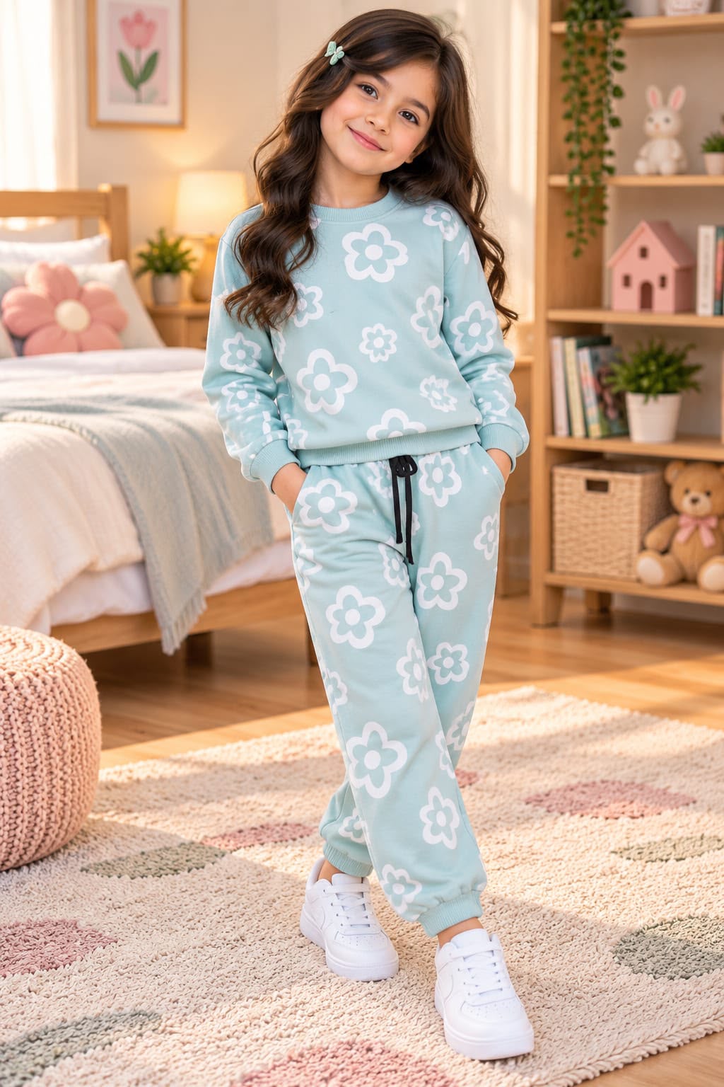 Blue Flowers Style Printed Winter Track Suit For Kids