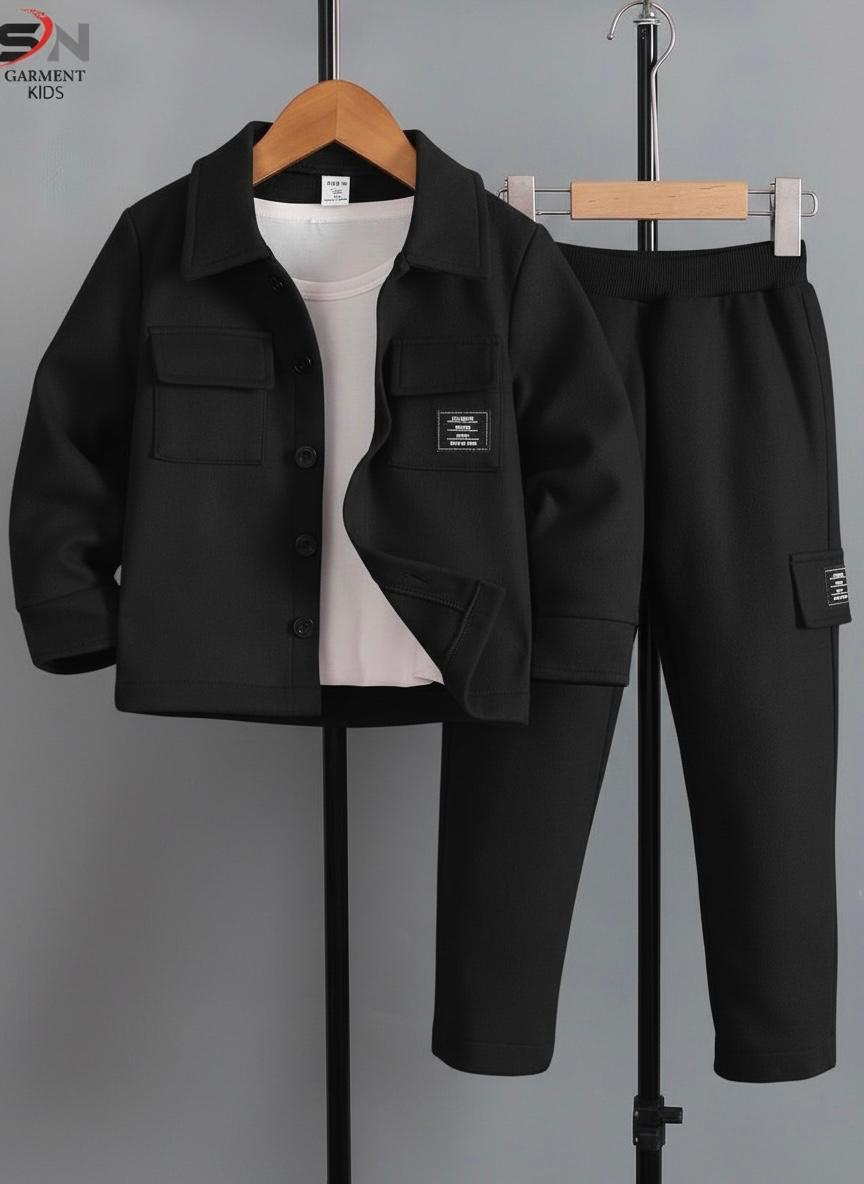 Black Open Style Printed Winter Track Suit For Kids