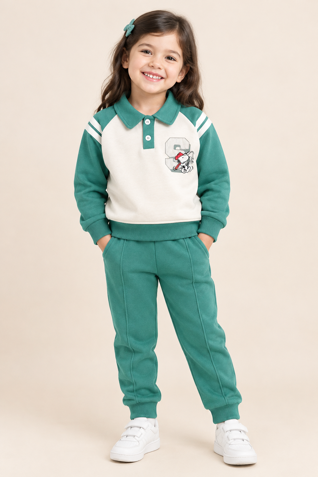Green Polo Style Printed Winter Track Suit For Kids