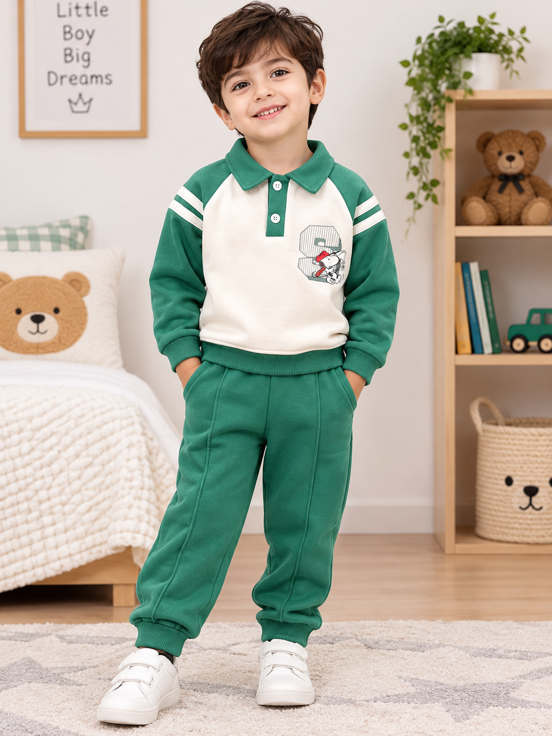 Green Polo Style Printed Winter Track Suit For Kids