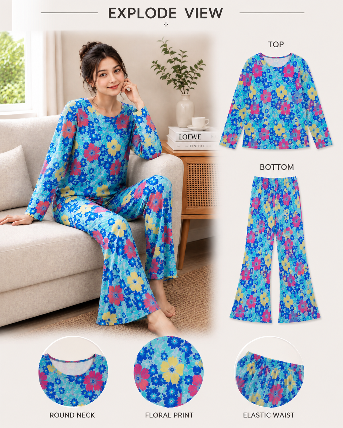 Blue Floral Cotton Jersey Pj Set