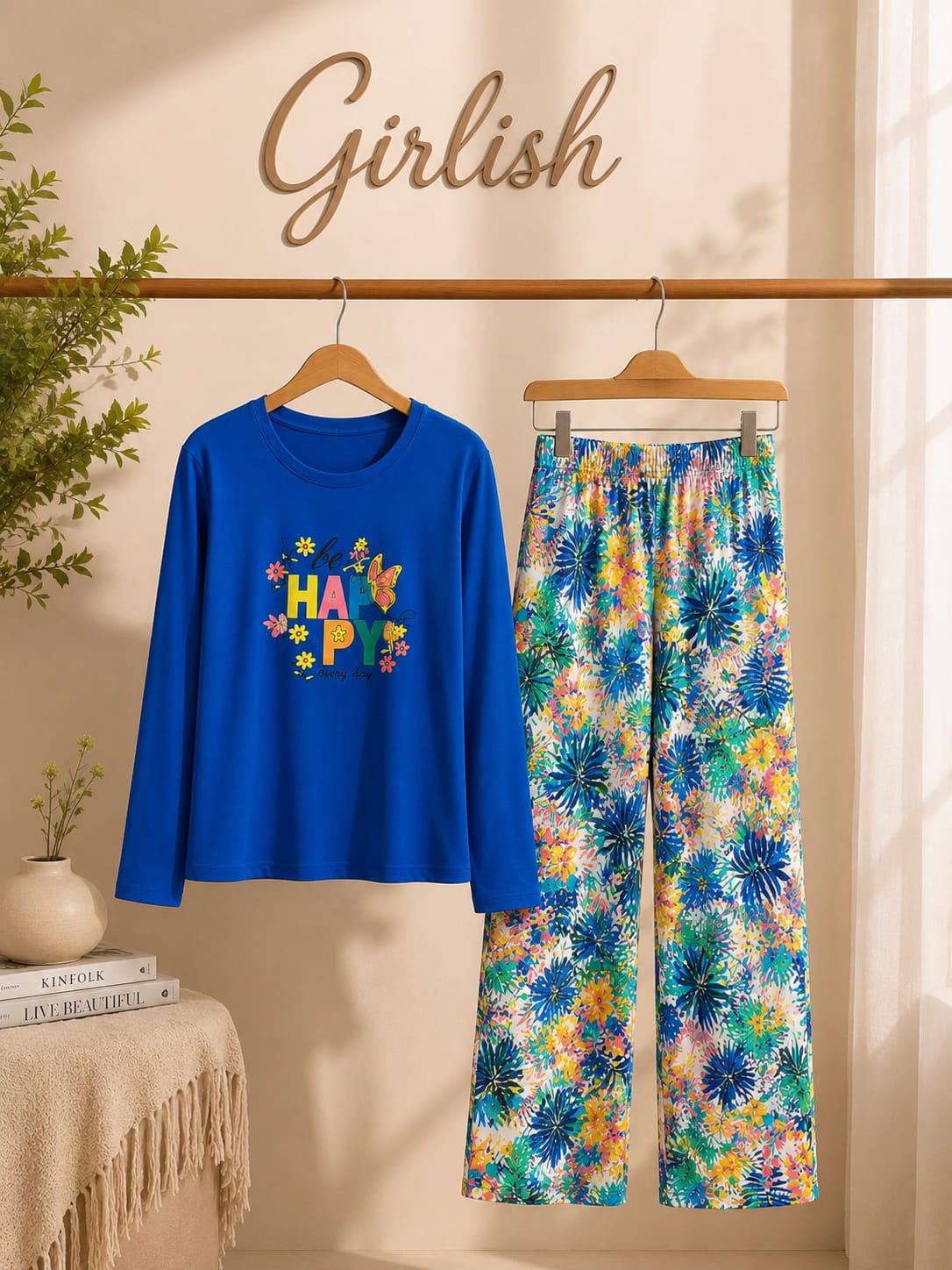 Bluish Happy Trendy Cotton Jersey Pj Set
