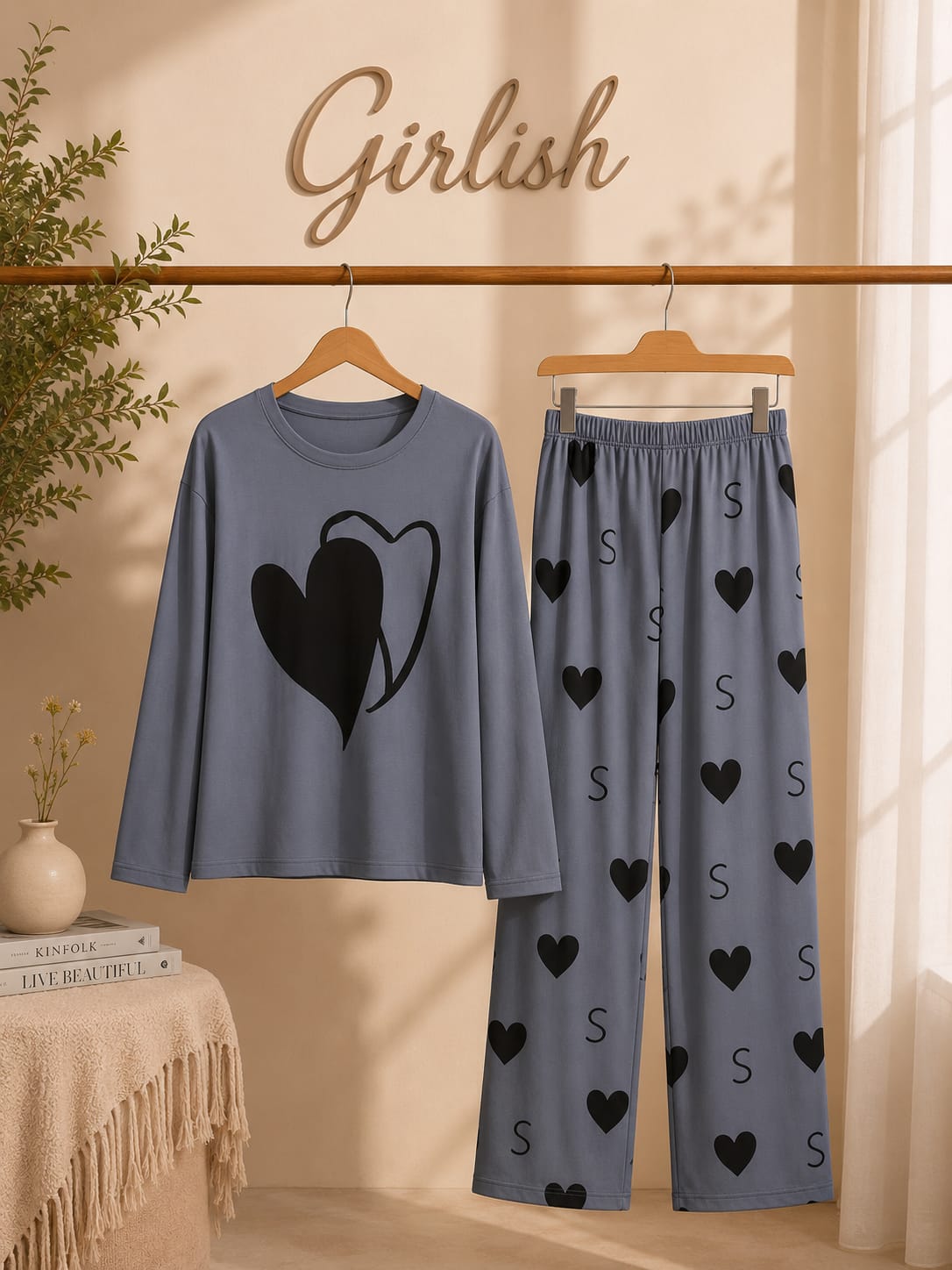 Grey Dual Heart Trendy Cotton Jersey Pj Set