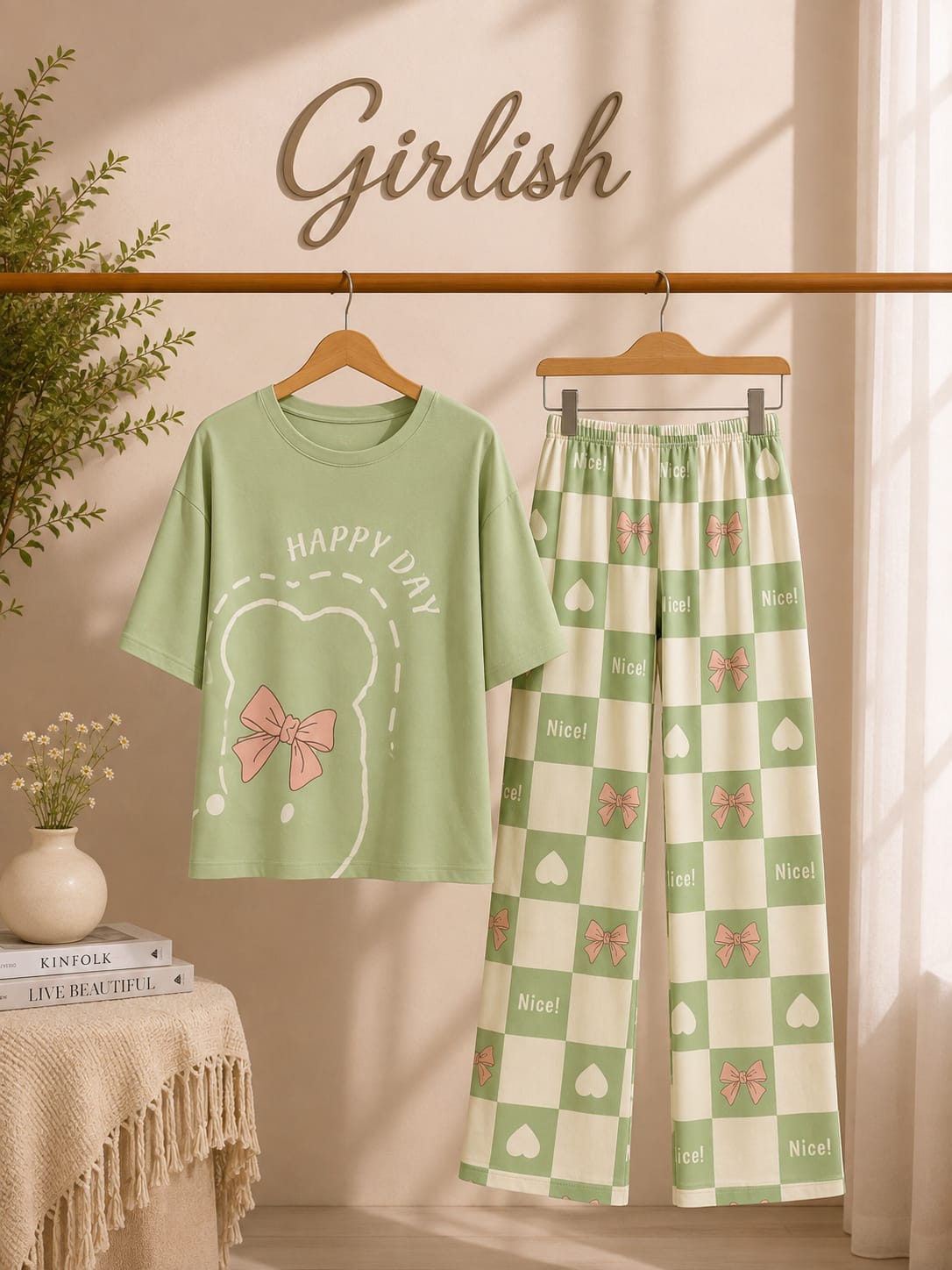 Green Happy Day Cotton Jersey Pj Set