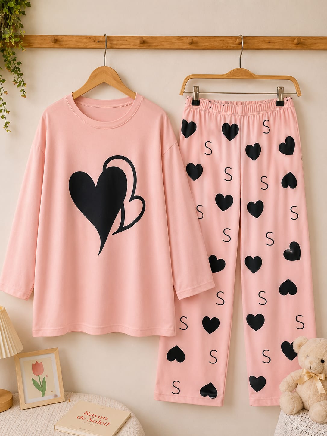 Pink Dual Hearts Trendy Cotton Jersey Pj Set