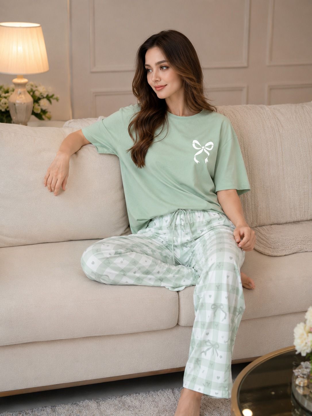 Green Printed Cotron Jersey Pj Set