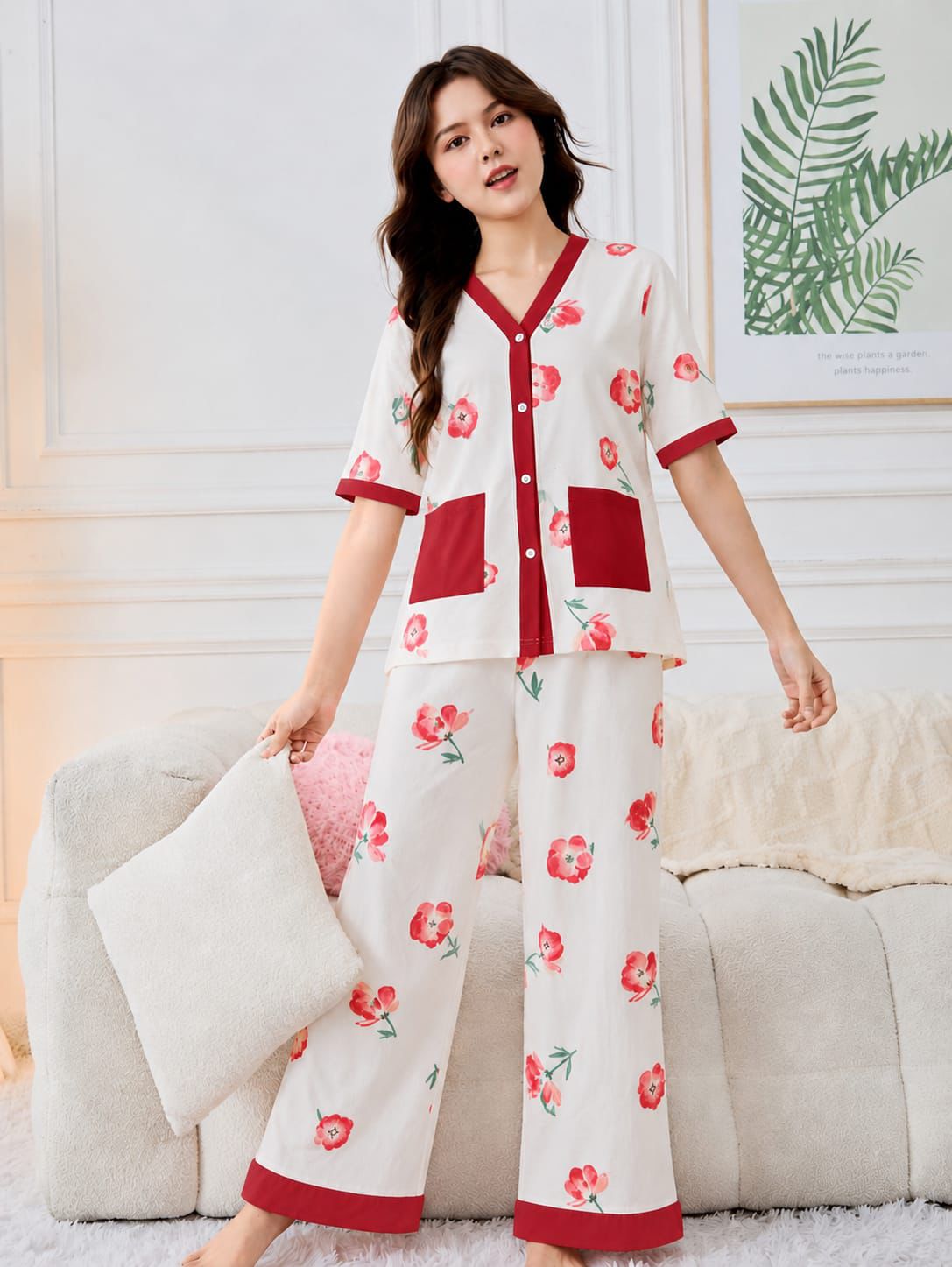 Red Dual Pocket Botton Style Pj Set