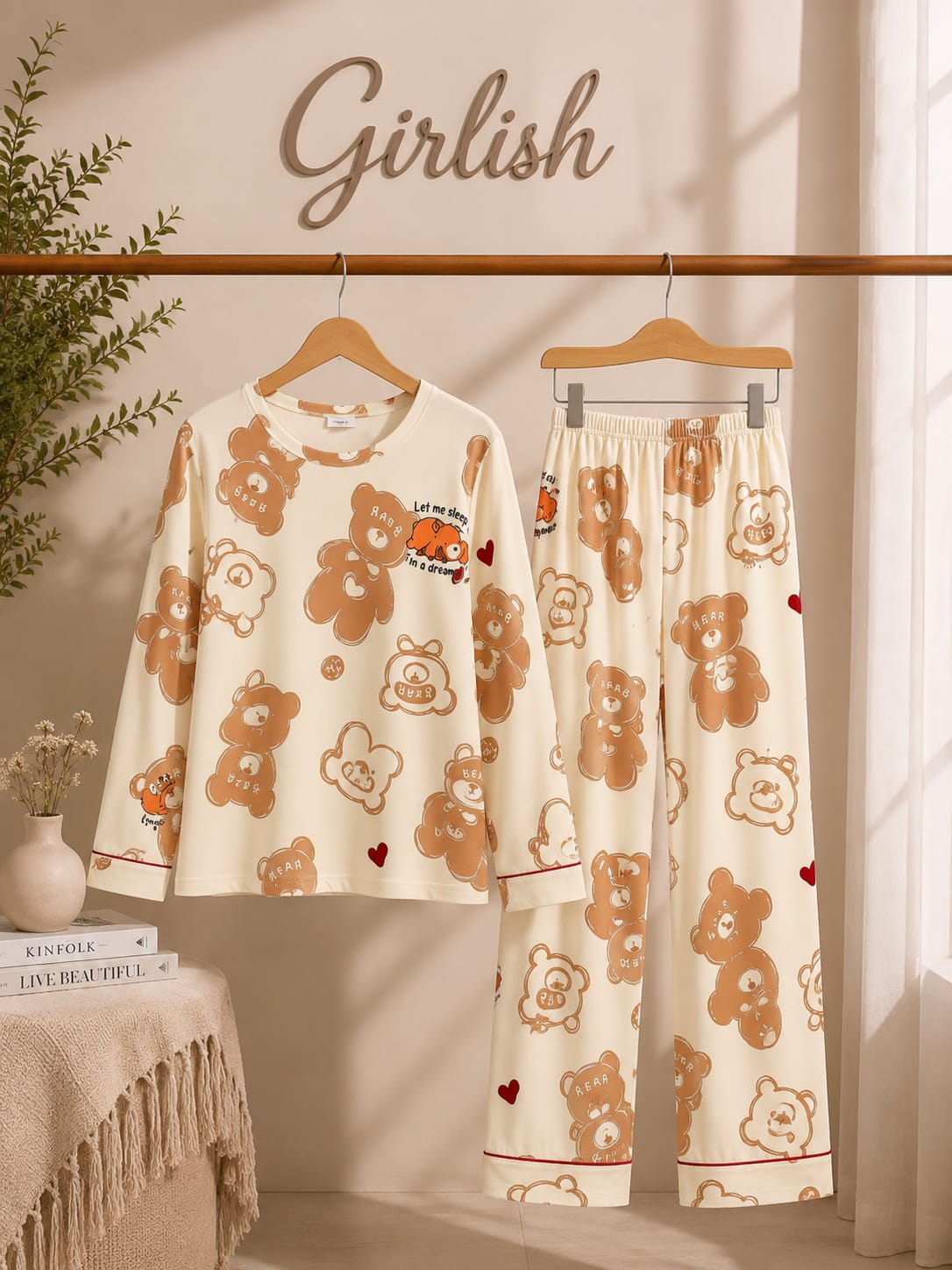 Off white Cute Bears Cotton Jersey Pj Set