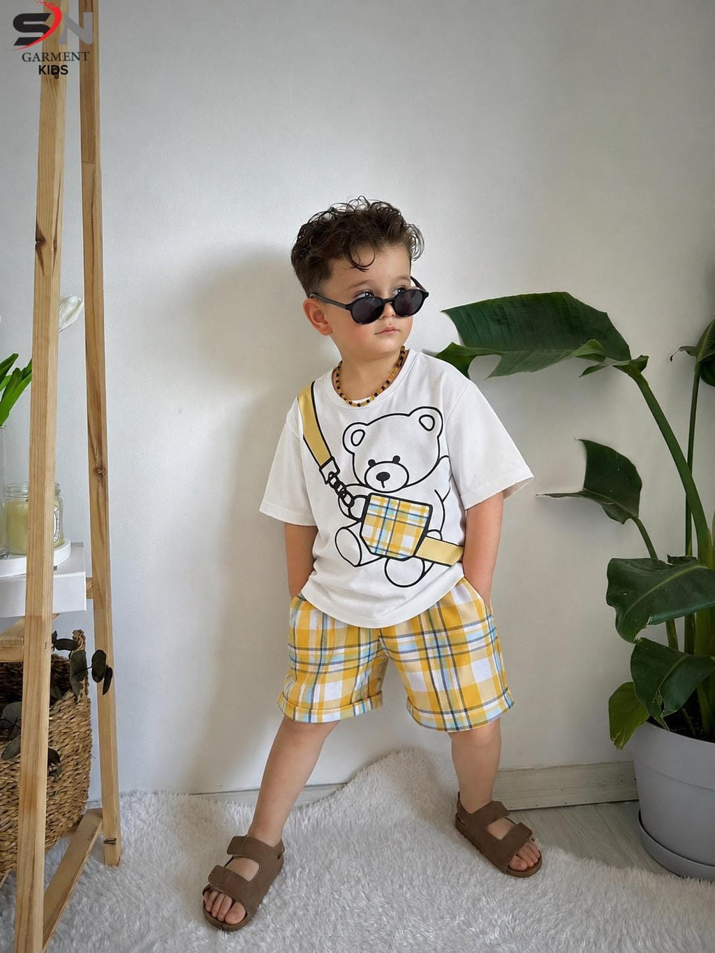 White Yellow Bear Printed Kids Cozy Cotton Jersey Kids Wear